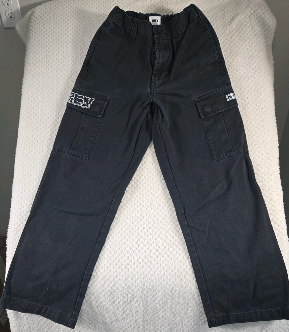 Obey Cargo Pants Womens 26 Black Wide Leg Embroidered Streetwear Skate Y2K #118